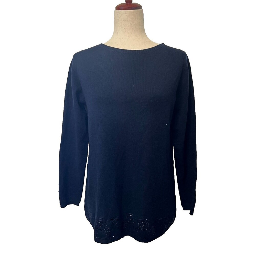 Hawico Scotland Women's S 100% Cashmere Sweater Boatneck Navy Blue Rhinestones